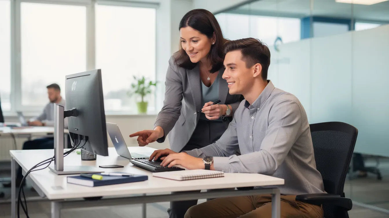 Un professionnel expérimenté accompagne un collègue sur son poste de travail, illustrant la notion d'accompagnement en entreprise.