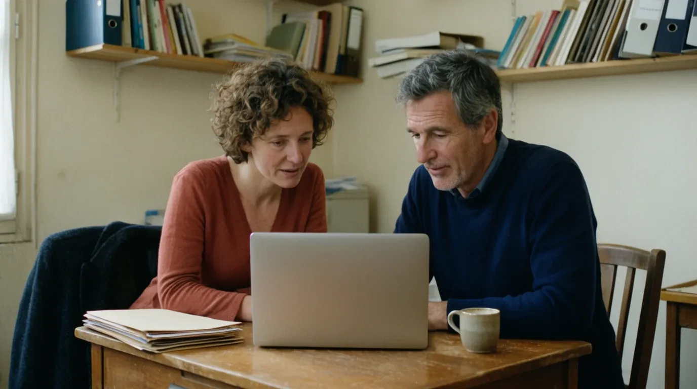 Deux collègues travaillent ensemble sur un ordinateur portable dans le bureau d’une PME.