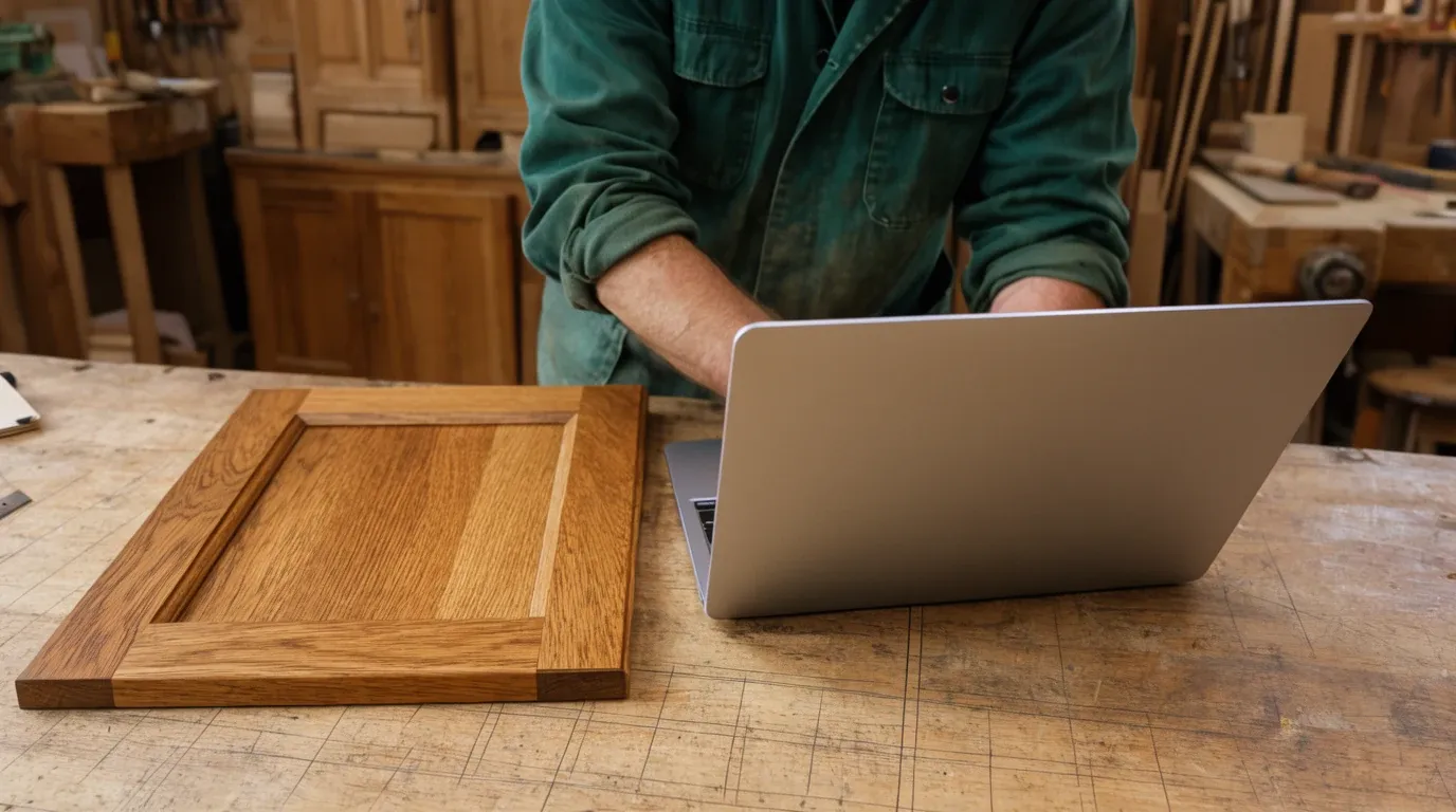 Un dirigeant consulte son ordinateur portable sur l’établi de son atelier de menuiserie.