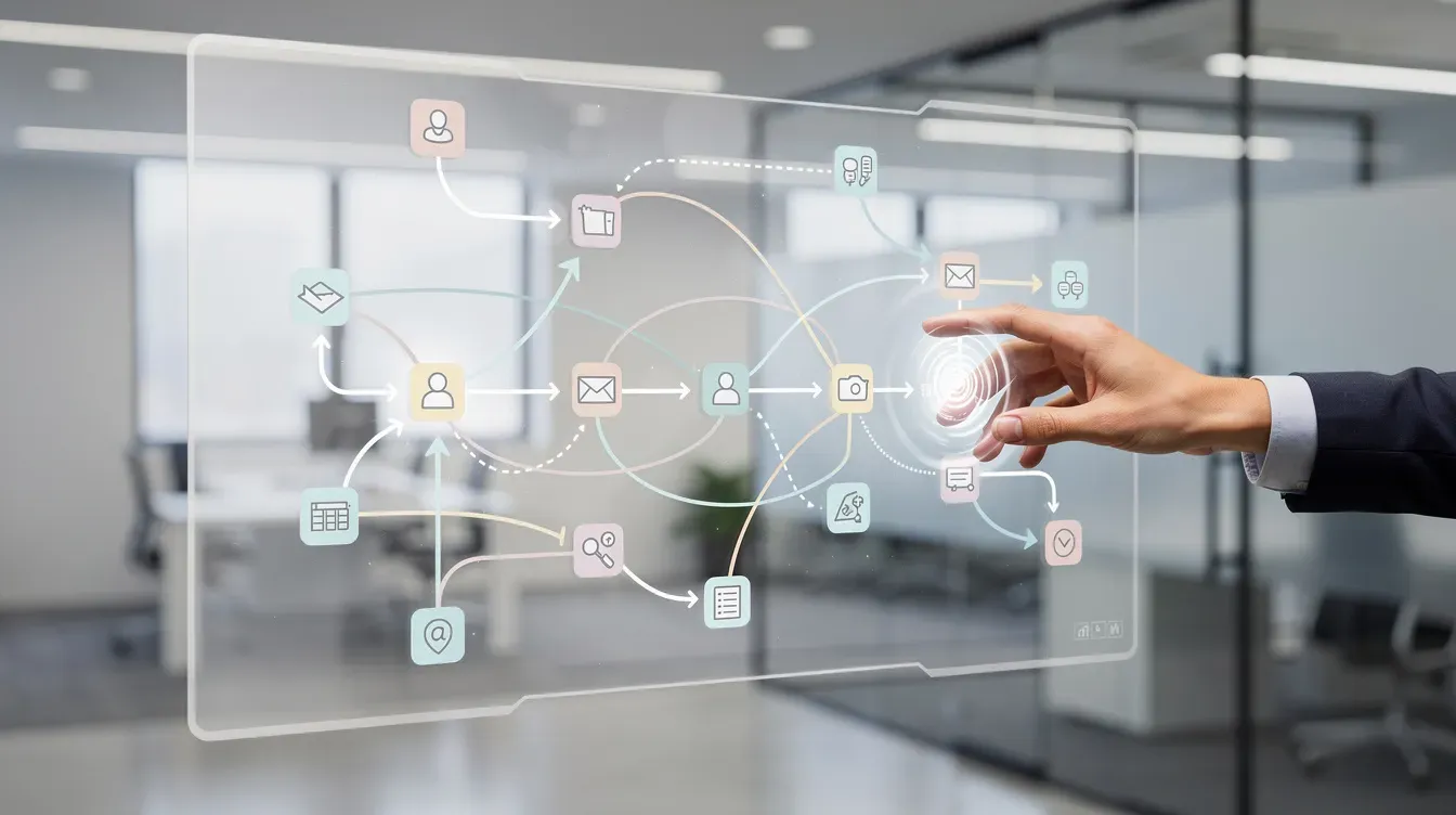 Interface d'automatisation CRM montrant des flux de travail connectés, symbolisant l'efficacité et la technologie.