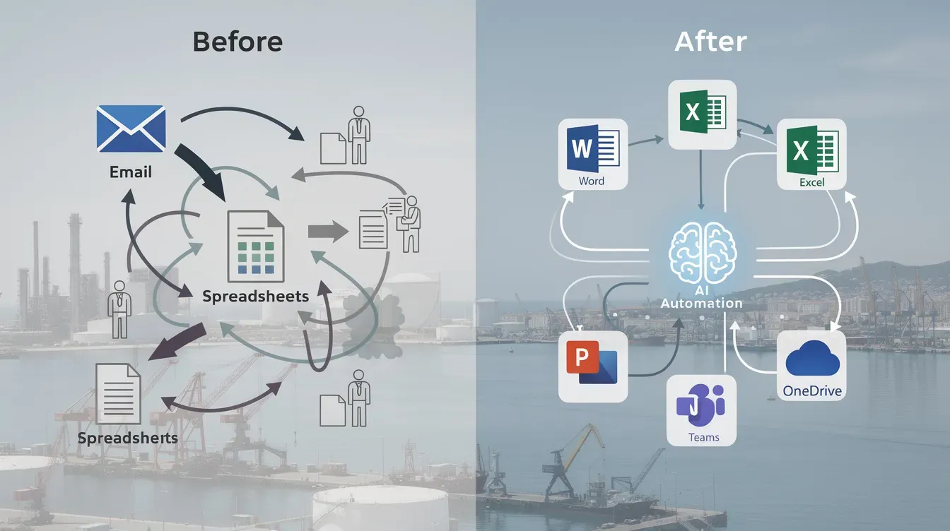 Diagramme avant/après montrant l'automatisation d'un processus métier grâce à l'intégration de l'IA à Microsoft 365 pour une PME à Martigues.